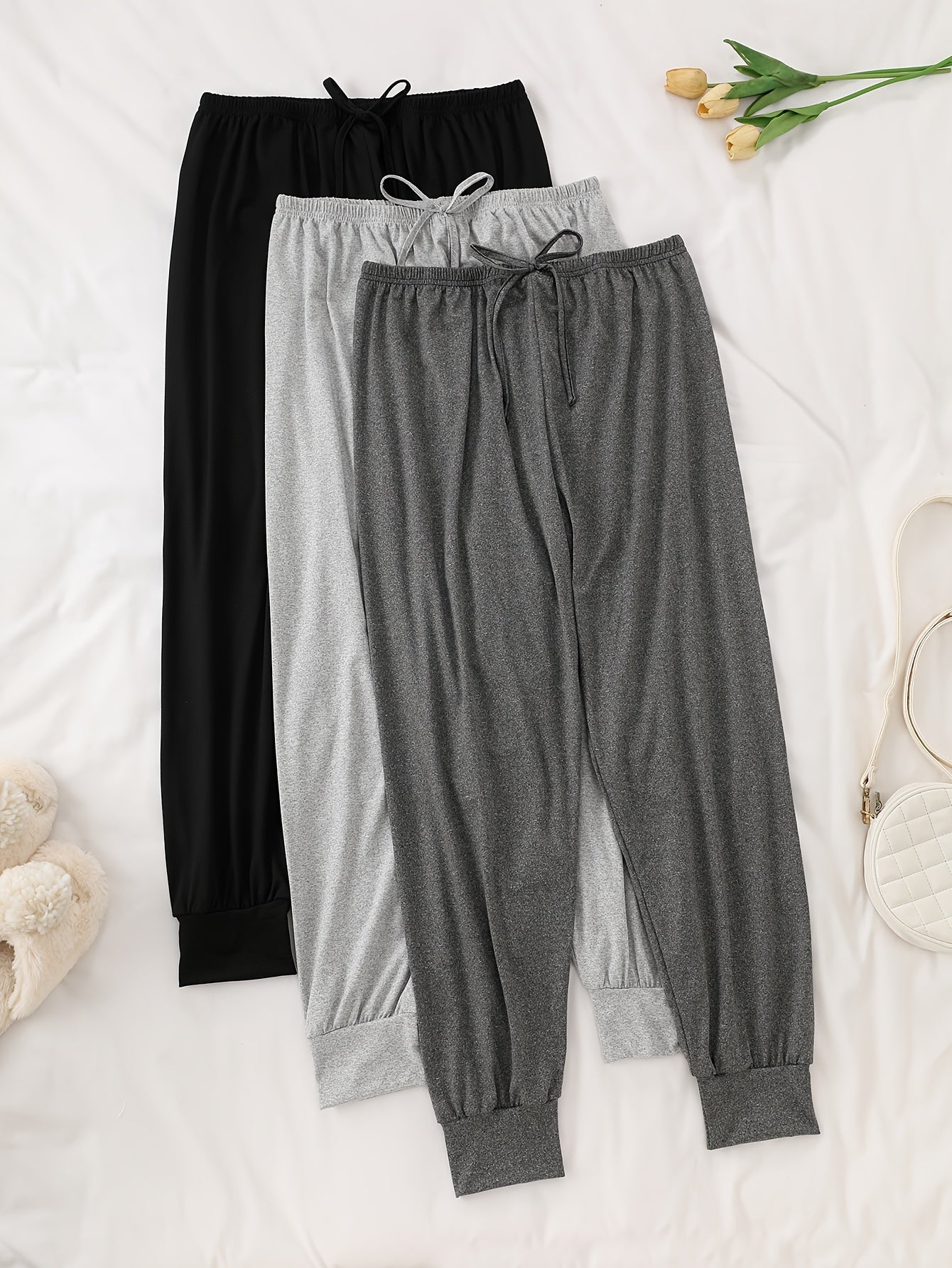 Women's Solid Color Sleep Pants 3-Pack Knit Polyester Elastane Fall Casual