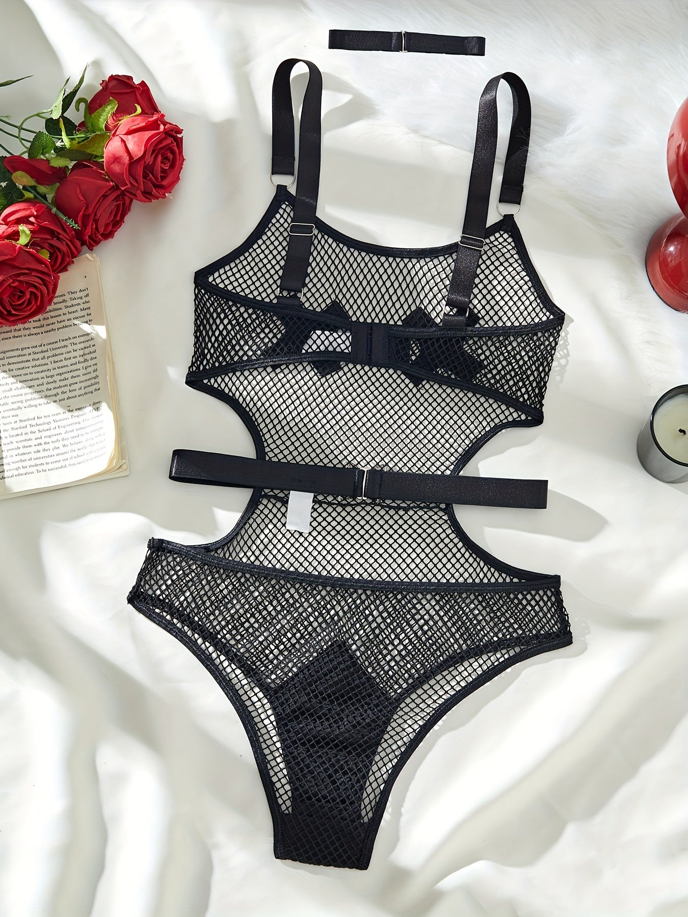 Black Mesh Bodysuit for Women with Bow Detail and Adjustable Straps