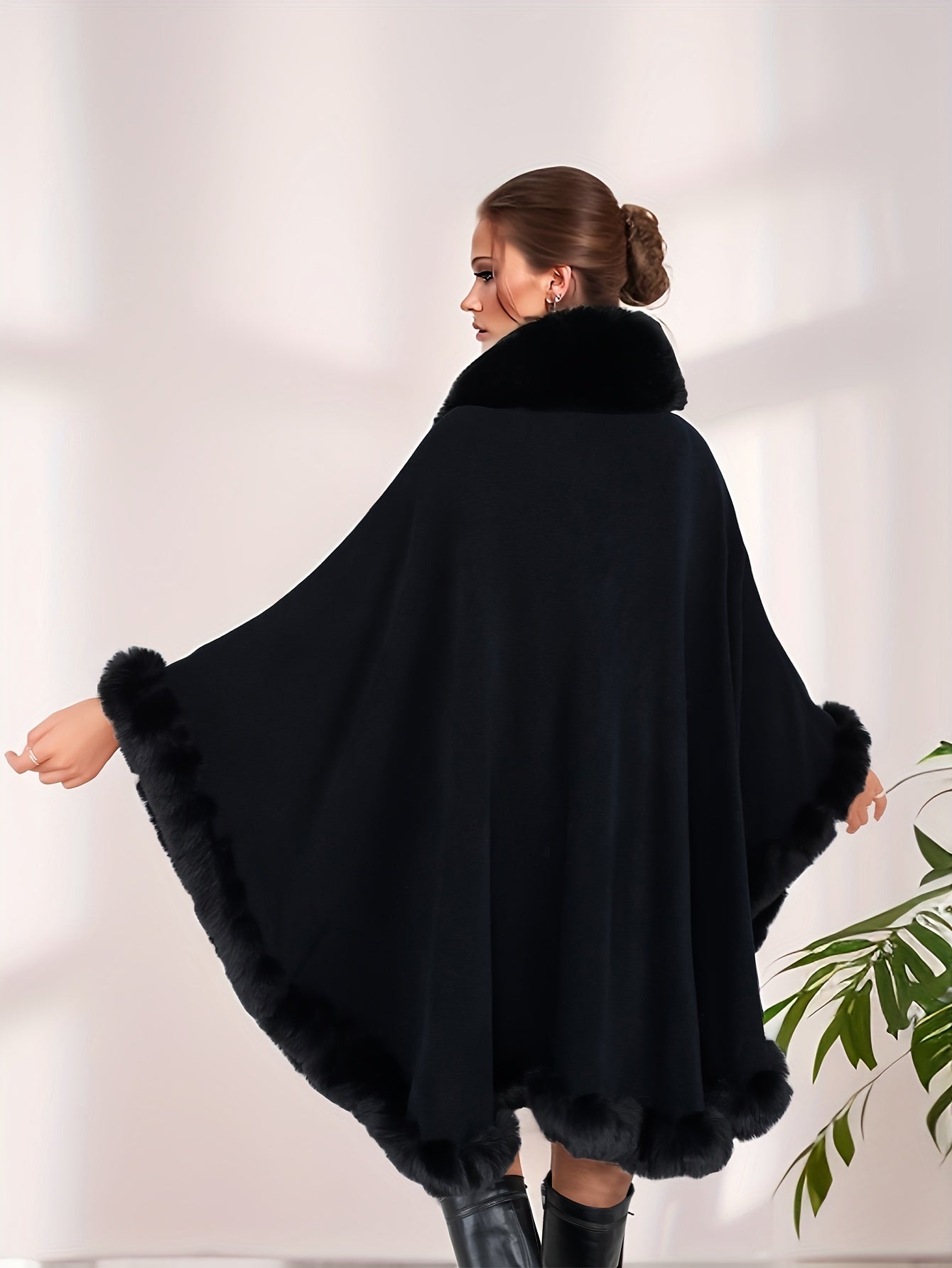 Плащ с искусственным мехом большого размера для женщин, осень-зима, открытая передняя часть, однотонный