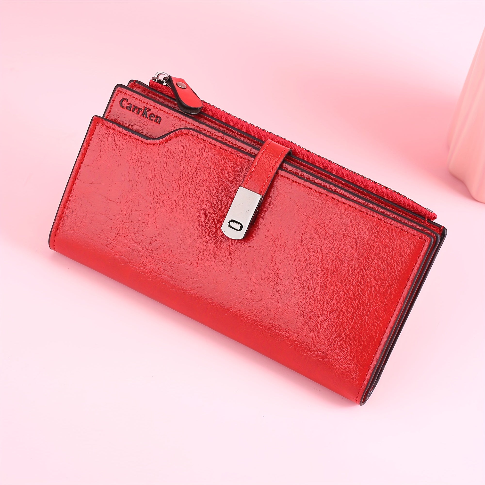 Women's Long Wallet with Buckle Closure Tri-Fold Card Slots Coin Purse Document Wallet