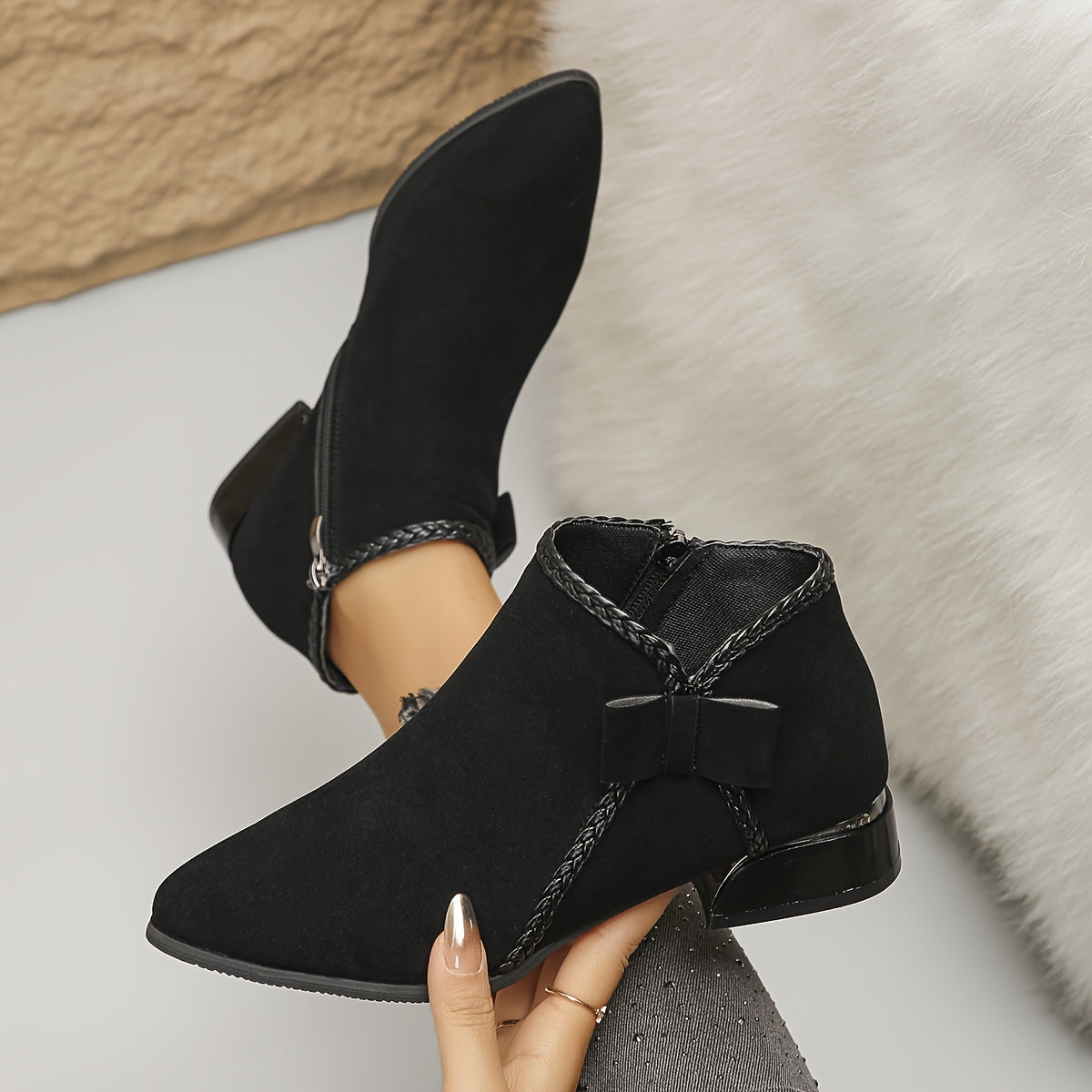 Women's Corduroy PU Ankle Boots with Bowknot and Chunky Heel