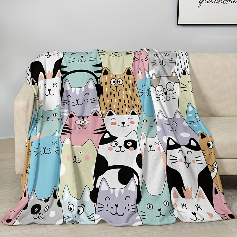 Soft Warm Cartoon Cat Animal Letter Print Flannel Blanket for All Seasons