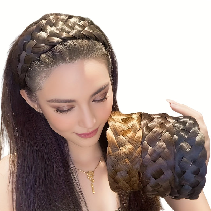 Vintage-Inspired Fishbone Braid Headband Wide Hair Accessory Black Brown