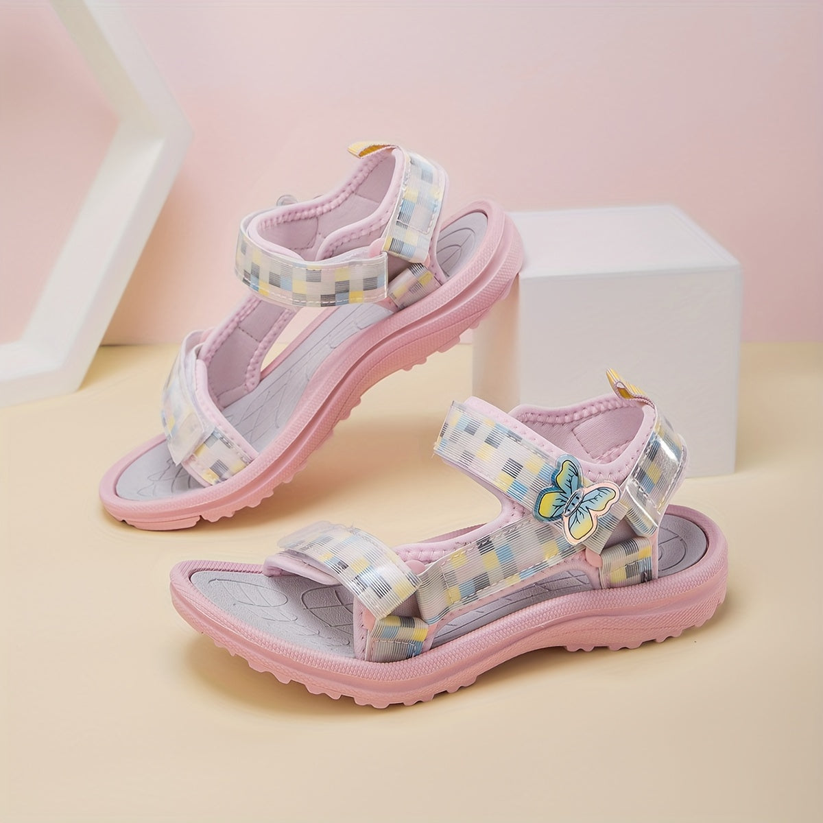 Girls' Checkered Sandals with Butterfly Charms Lightweight Mesh EVA Sole Casual Pink