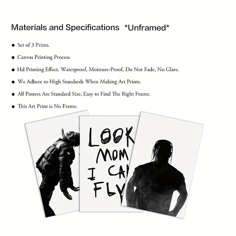 Set of 3 Unframed Canvas Music Posters Wall Art Decor for Living Room Bedroom