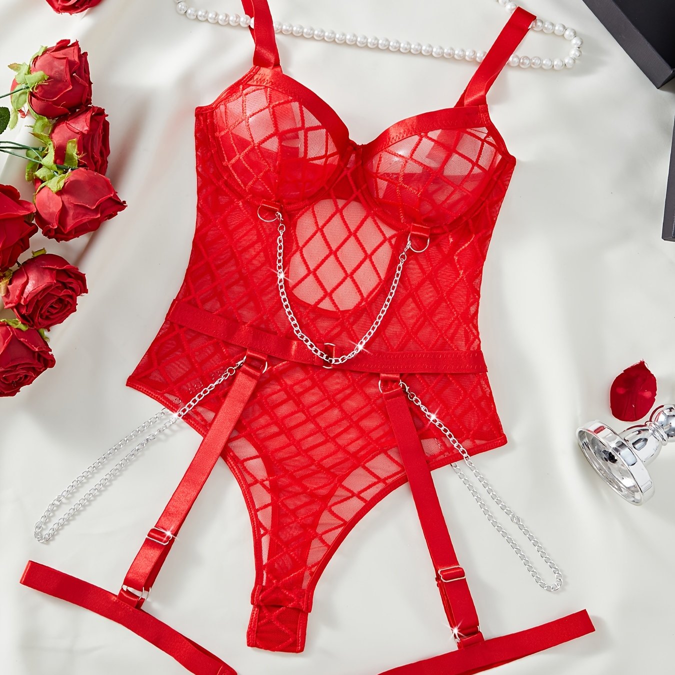 Women's Red Plaid Corset with Chain Details and Lace Trim with Mesh Bodysuit