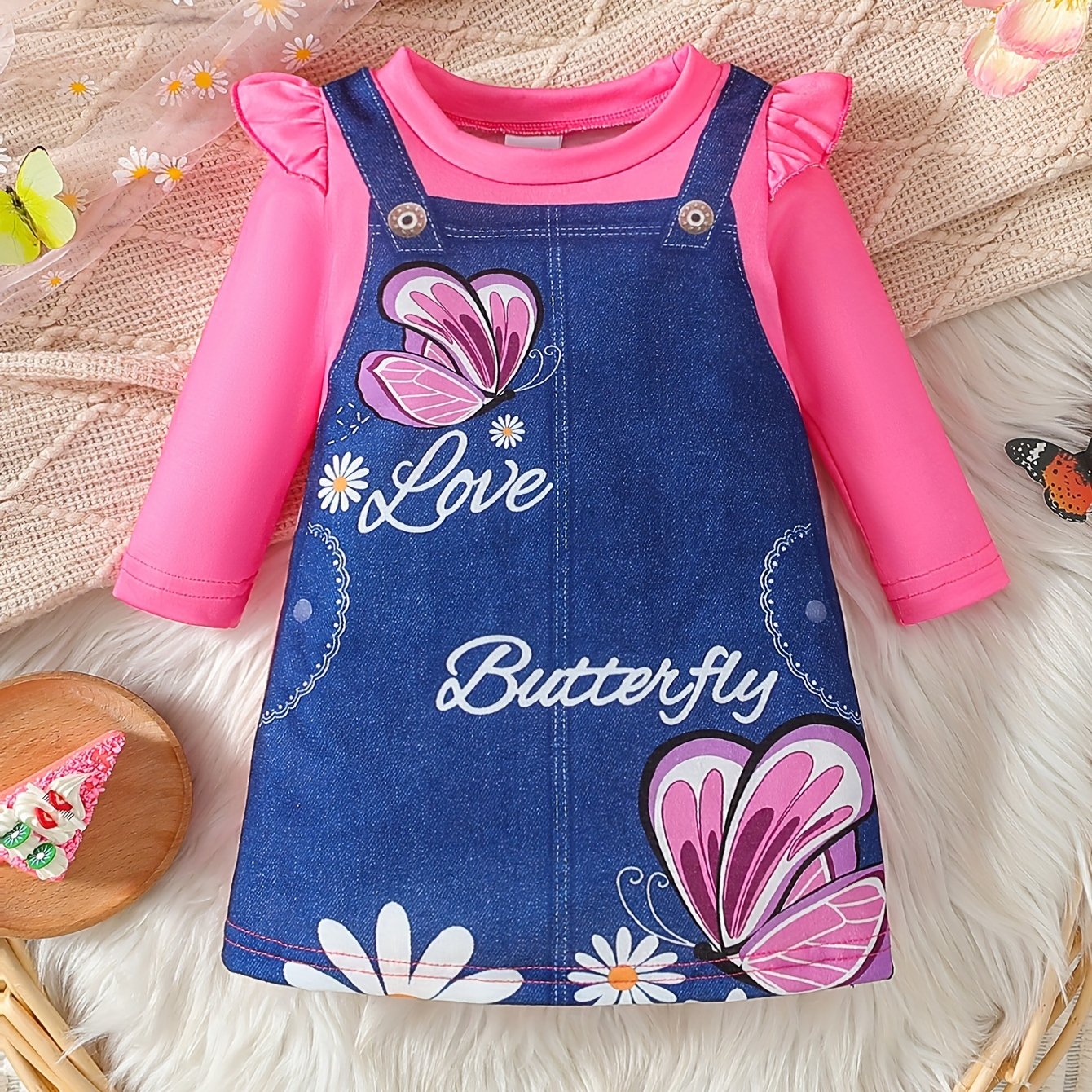 Baby Girl Spring Dress with Lotus Leaf Sleeves Floral Pattern and Bee Design for Toddler Girls