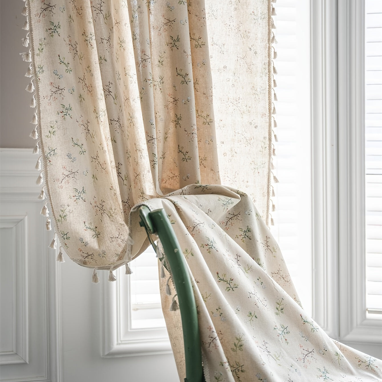 Bohemian Floral Milk-White Linen Curtain with Semi-Shading for Living Room Bedroom Office