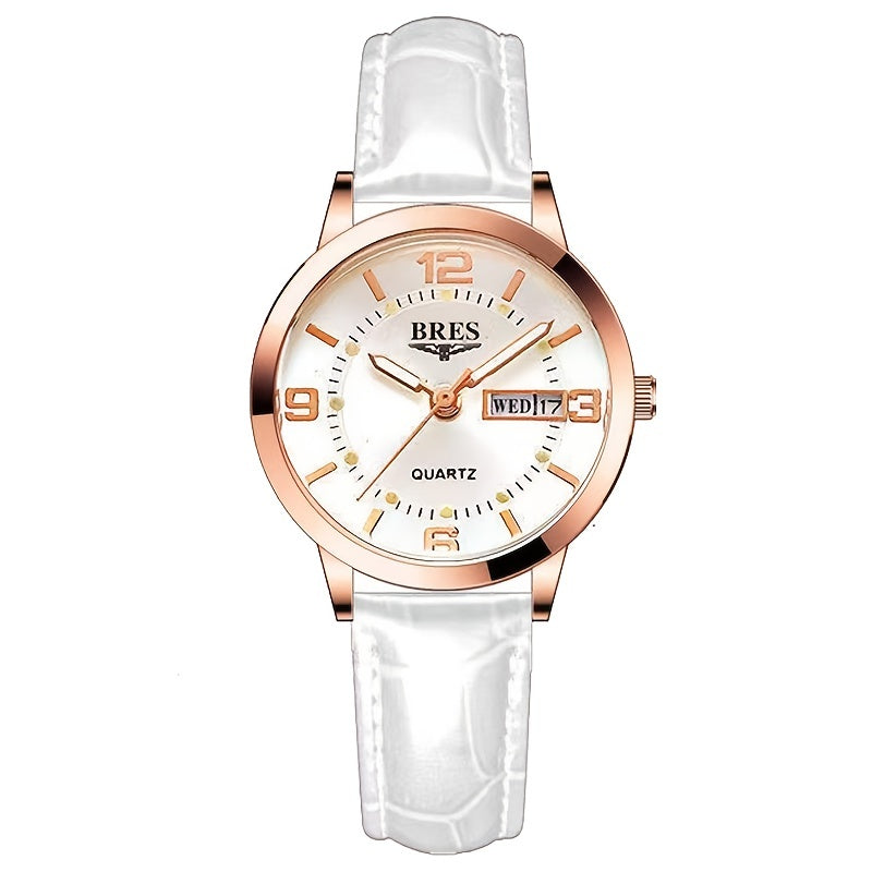 Women's Quartz Watch Leather Strap Dual Calendar Luminous Week Function
