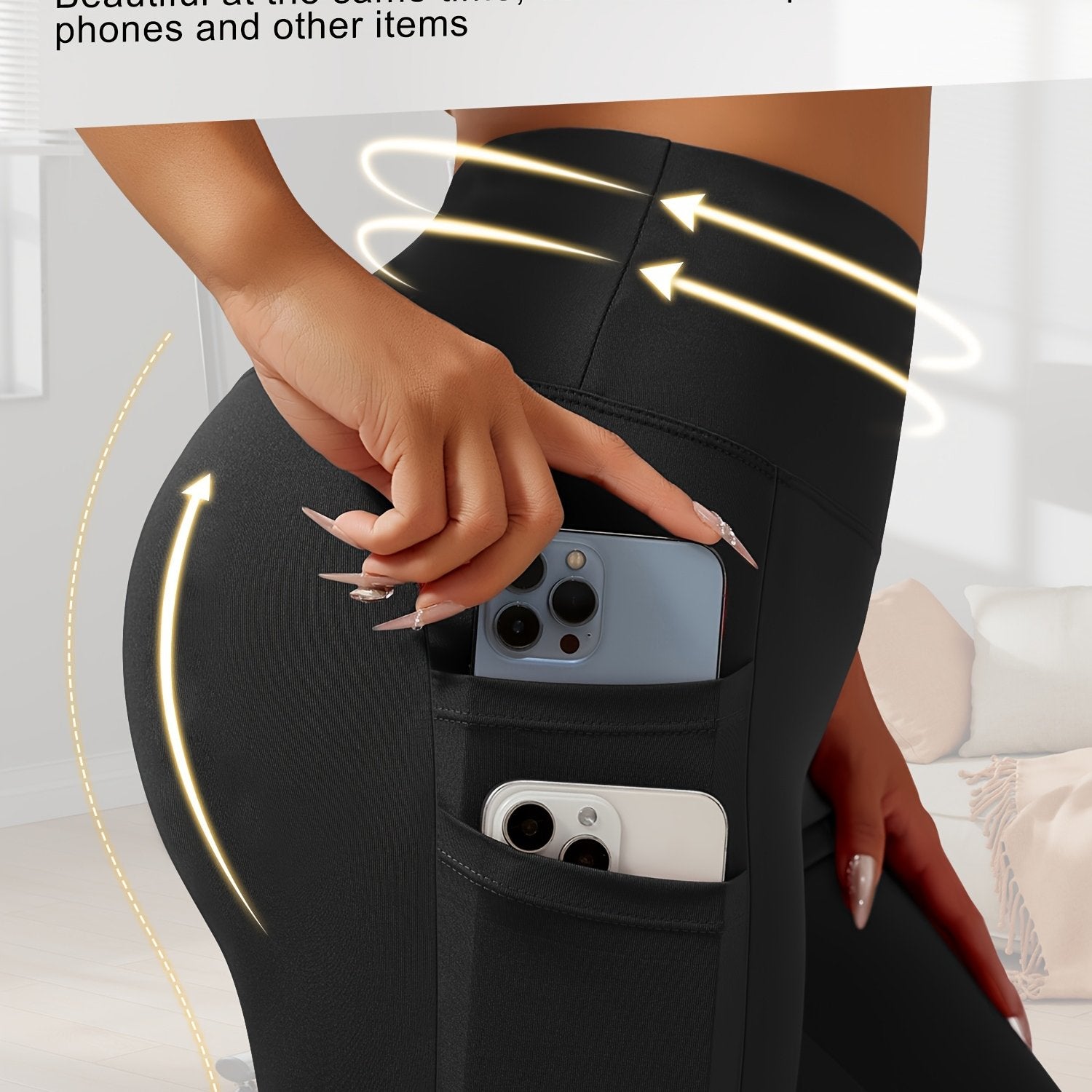 Leggings de talla grande con cintura alta y bolsillos, de poliéster elástico y elastano