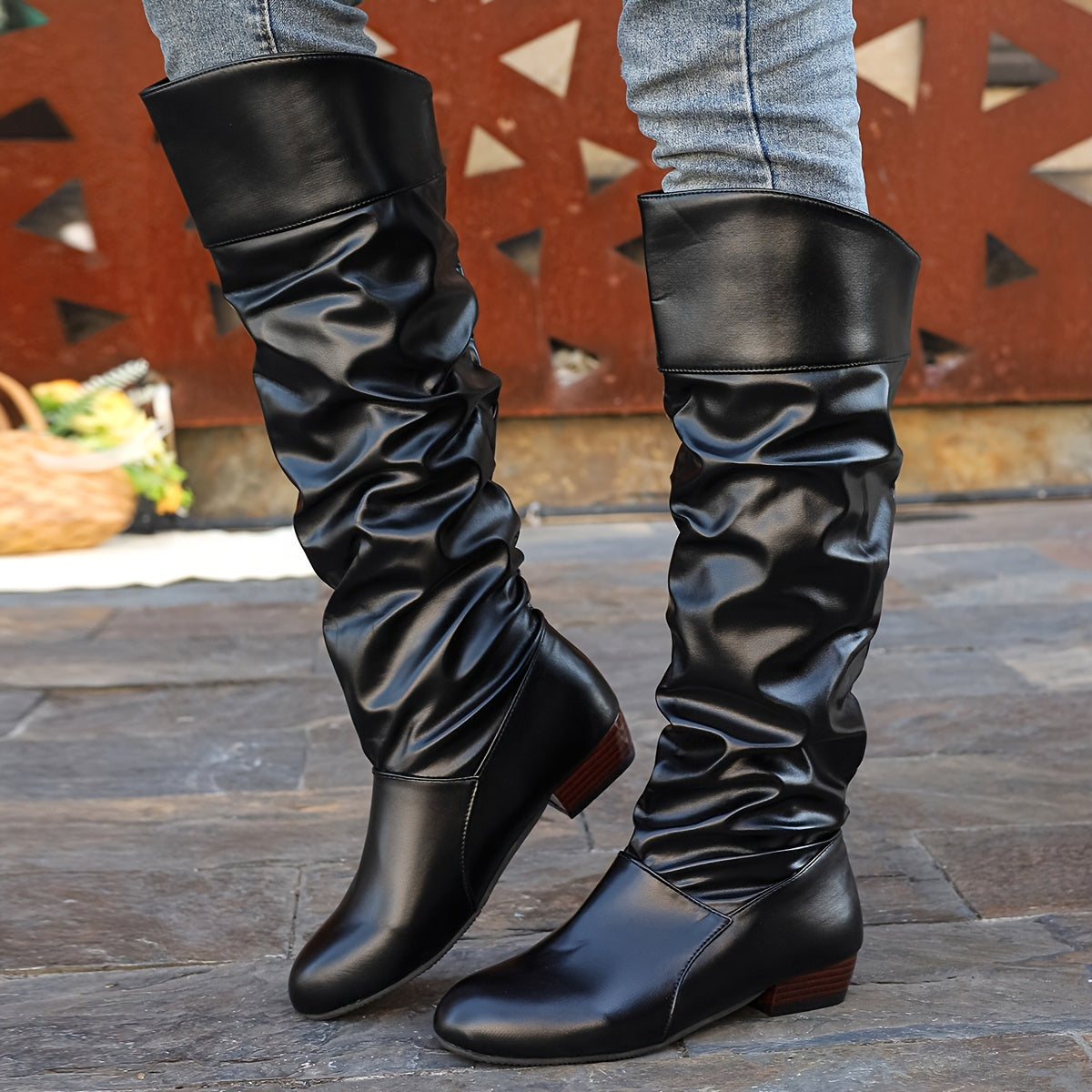 Women's Solid Color Chunky Heel High Knee Winter Boots
