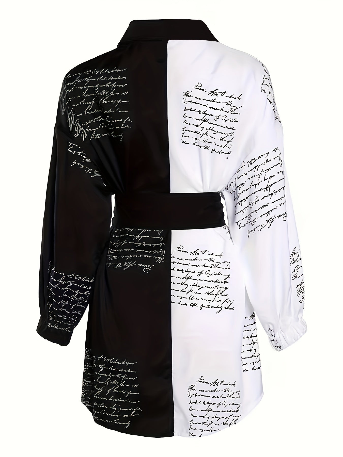 Ayollar uchun belbog'li plussayz rangli blokli ko'ylak. V-yuqori, uzun yeng, harf bosma. Mashinada yuvish mumkin, polyesterdan tayyorlangan. Norasmiy uslub.