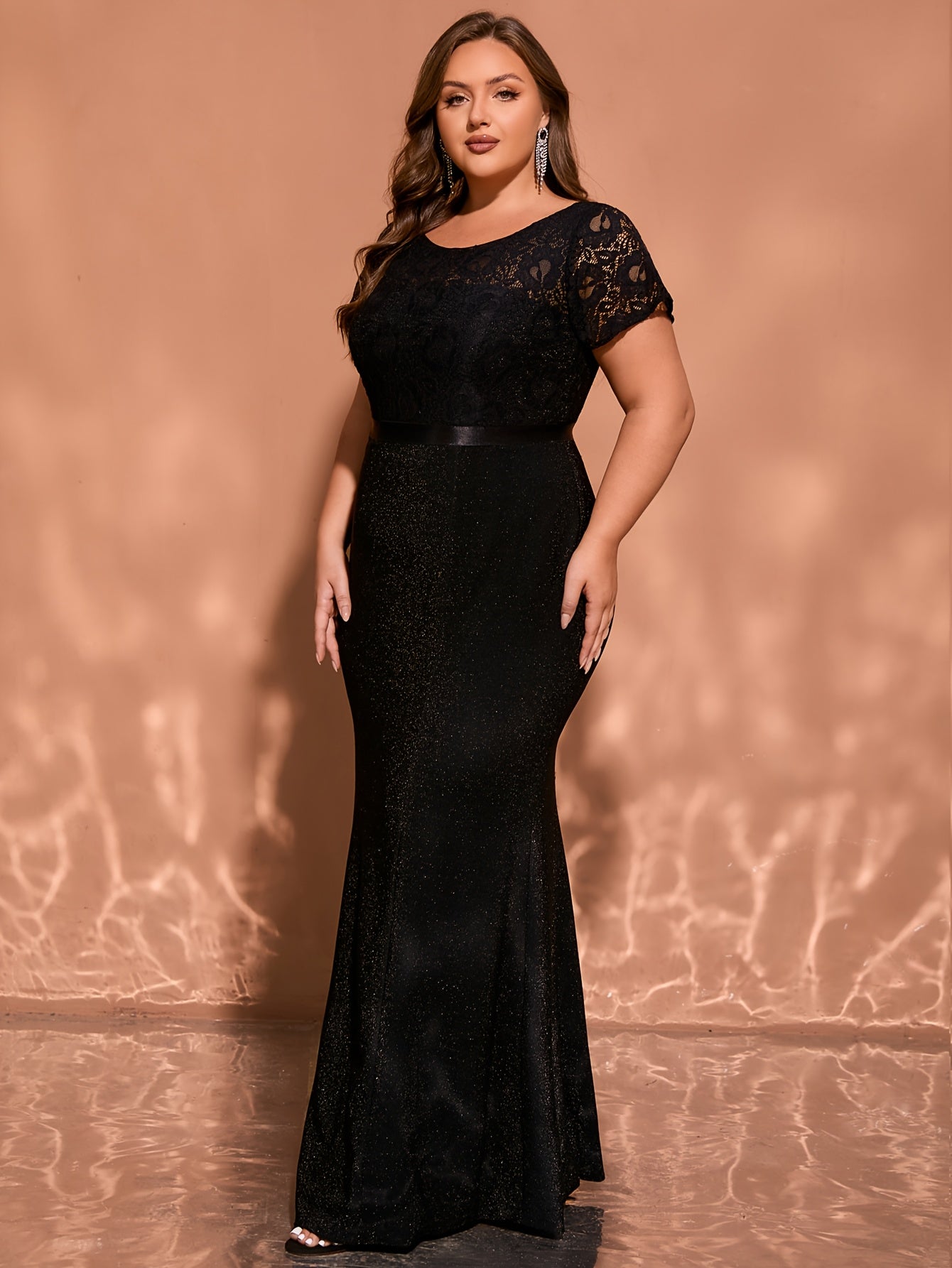 Plus Size Black Mermaid Maxi Dress Glittery Party Wedding Gown