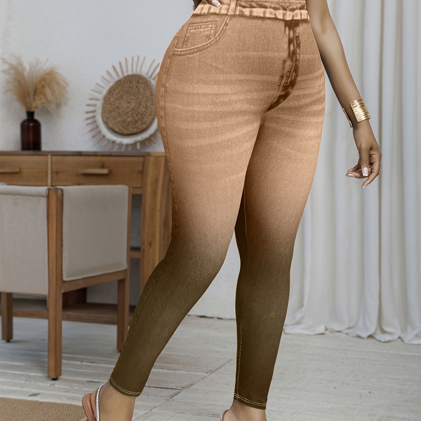 Plus Size Women's Skinny Jeans Denim Print High-Waisted Stretch Leggings Blue Beige