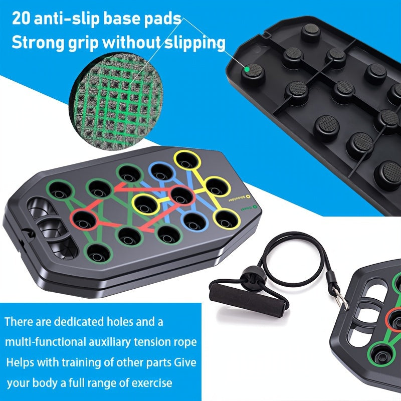 MACYO Ультимативная доска для отжиманий с 2 резиновыми лентами - Многофункциональное оборудование для тренировок дома и в спортзале, тренажер для грудных мышц, помощник в силовых тренировках.