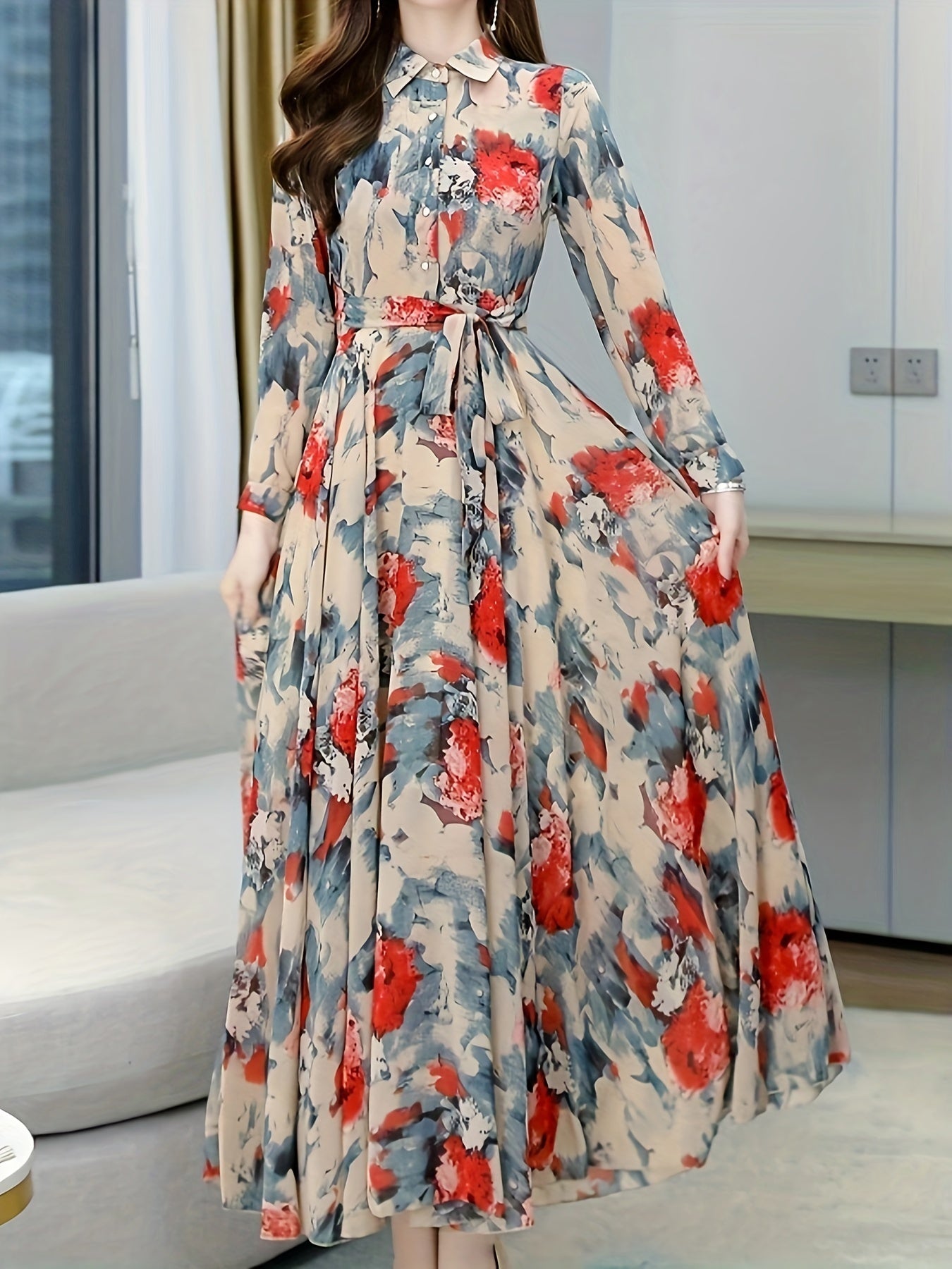 Women's Floral Maxi Dress Long Sleeve Polyester A-Line Spring Fall