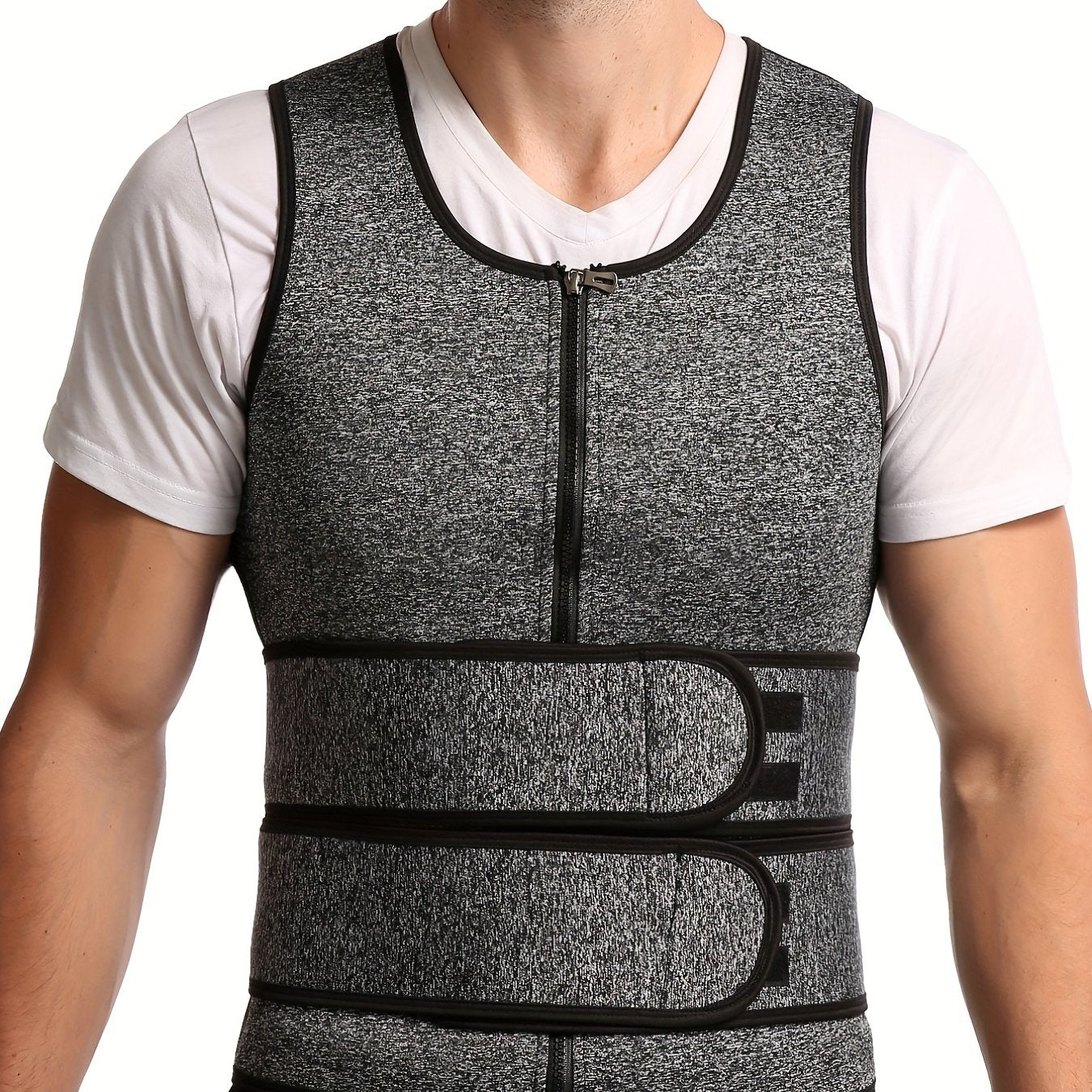 Men's Gray Neoprene Double Belt Shapewear Vest for Sweat and Body Shaping