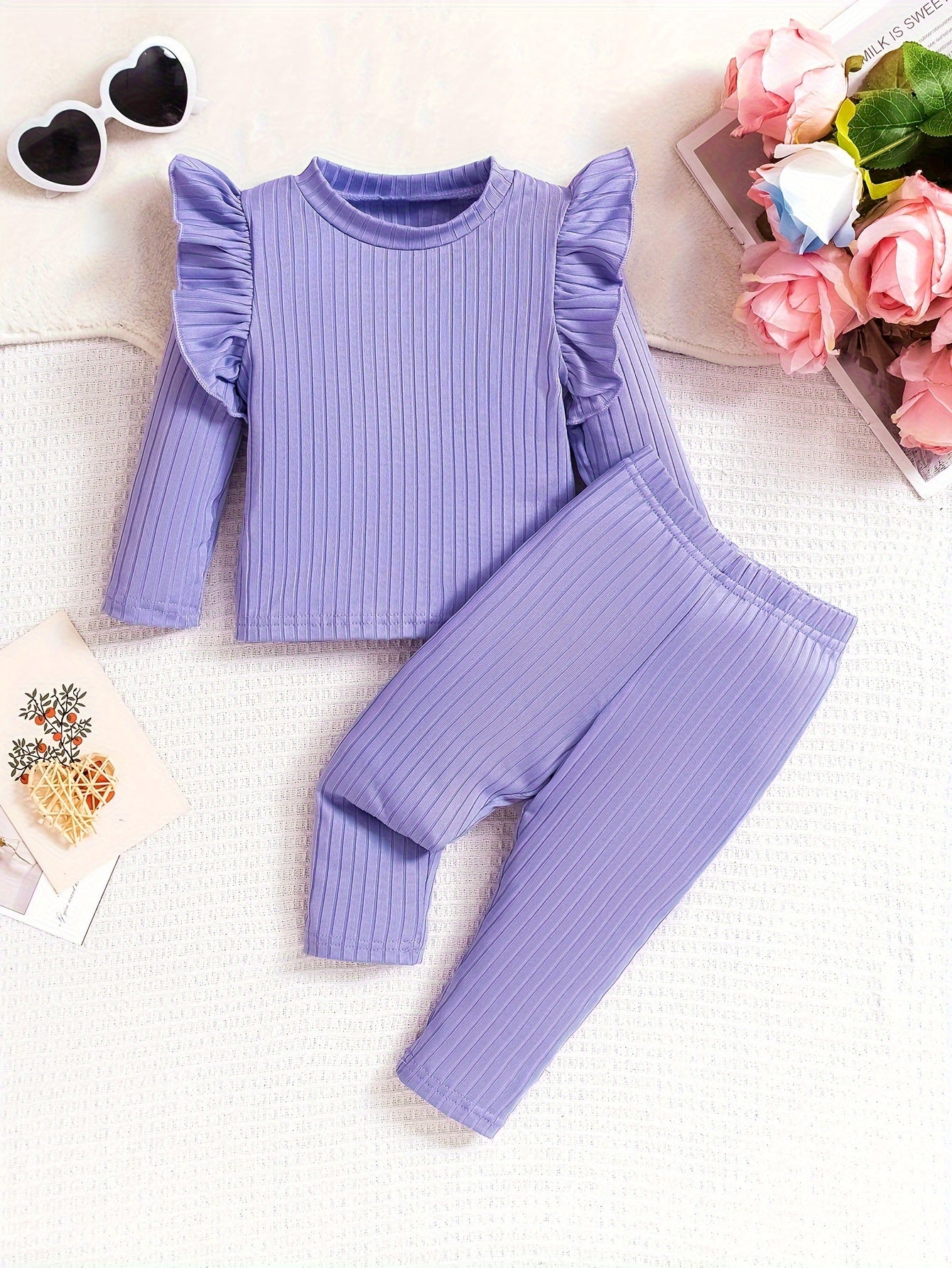 Baby Girl Clothing Set with Long Sleeve Petal Pink Striped Top and Pants for Autumn Outdoor Activities
