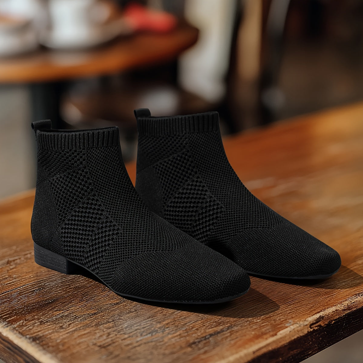 Women’s Knit Ankle Boots Breathable Mesh Low Block Heel Casual Shoes