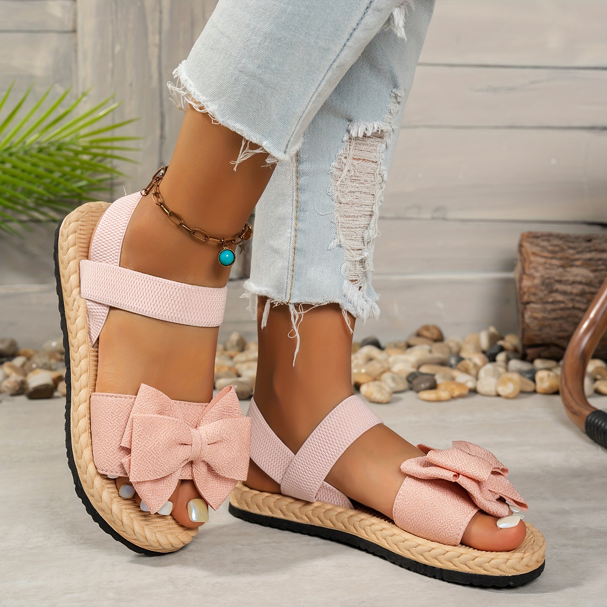 Women's Black Bow Slide Sandals, Rubber Sole, Comfortable Open-Toe