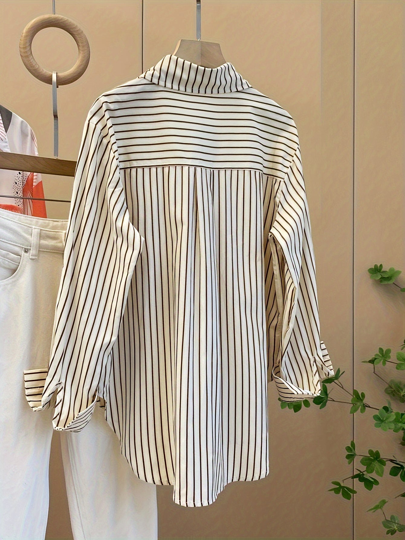 Women's Striped Cotton Blend Blouse with Ruffled Hem and Long Sleeves