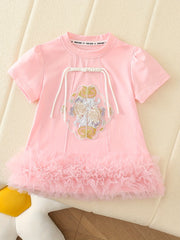 Girls Cotton Dress with Ruffle Hem Floral Pattern Summer Casual Knee Length