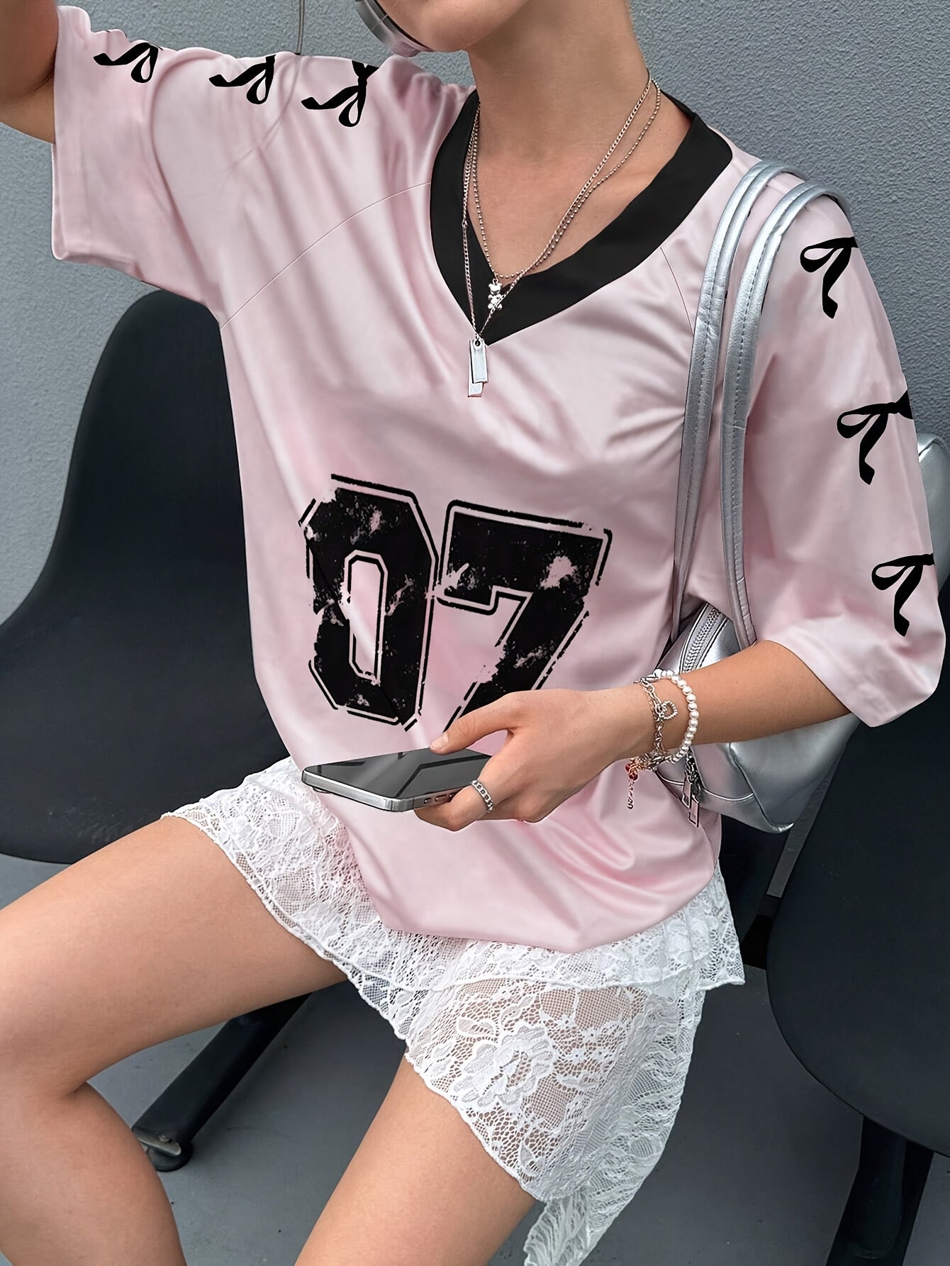 Women's Black V-Neck T-Shirt with Bow and Number Print Casual Short Sleeve Polyester