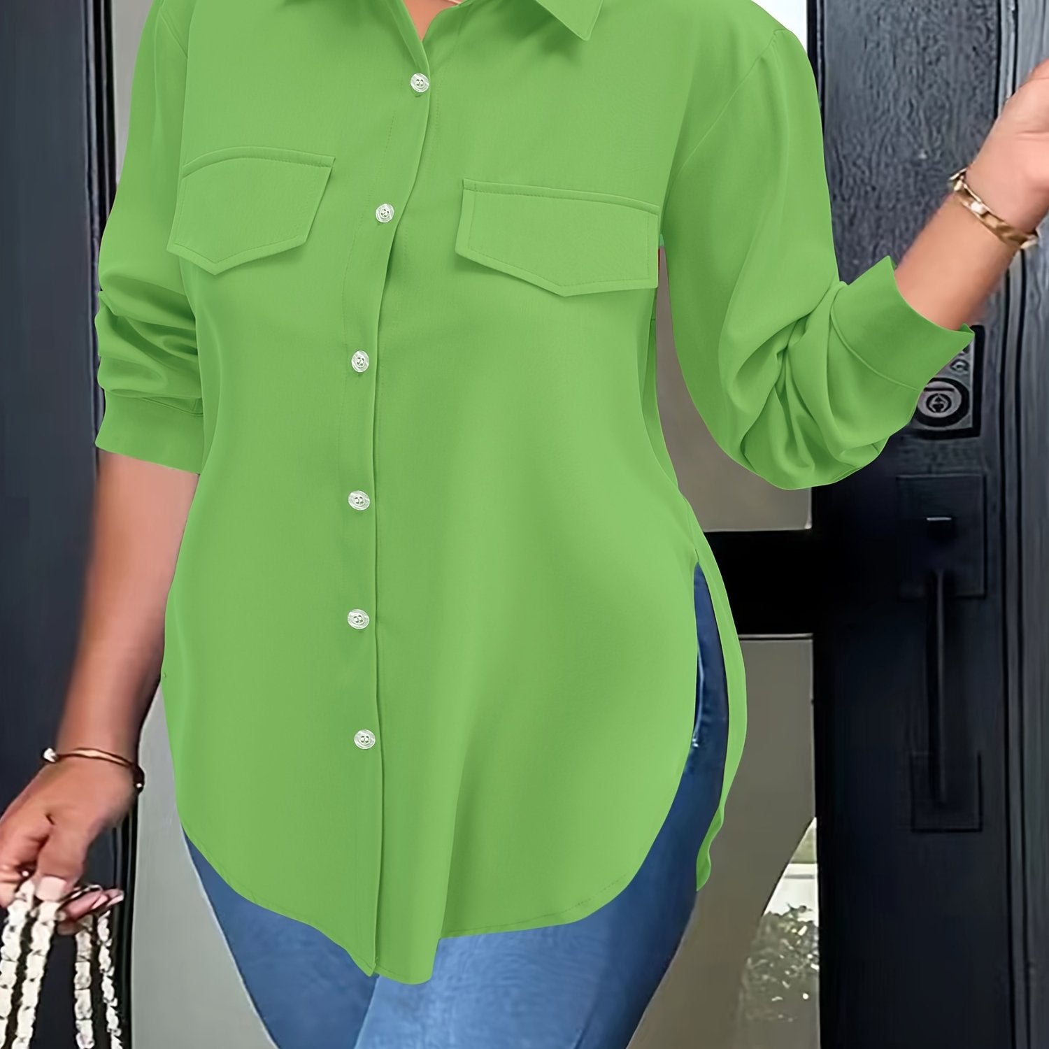 Plus Size Woven Polyester Blouse with Curved Hem, Button Front and Collared