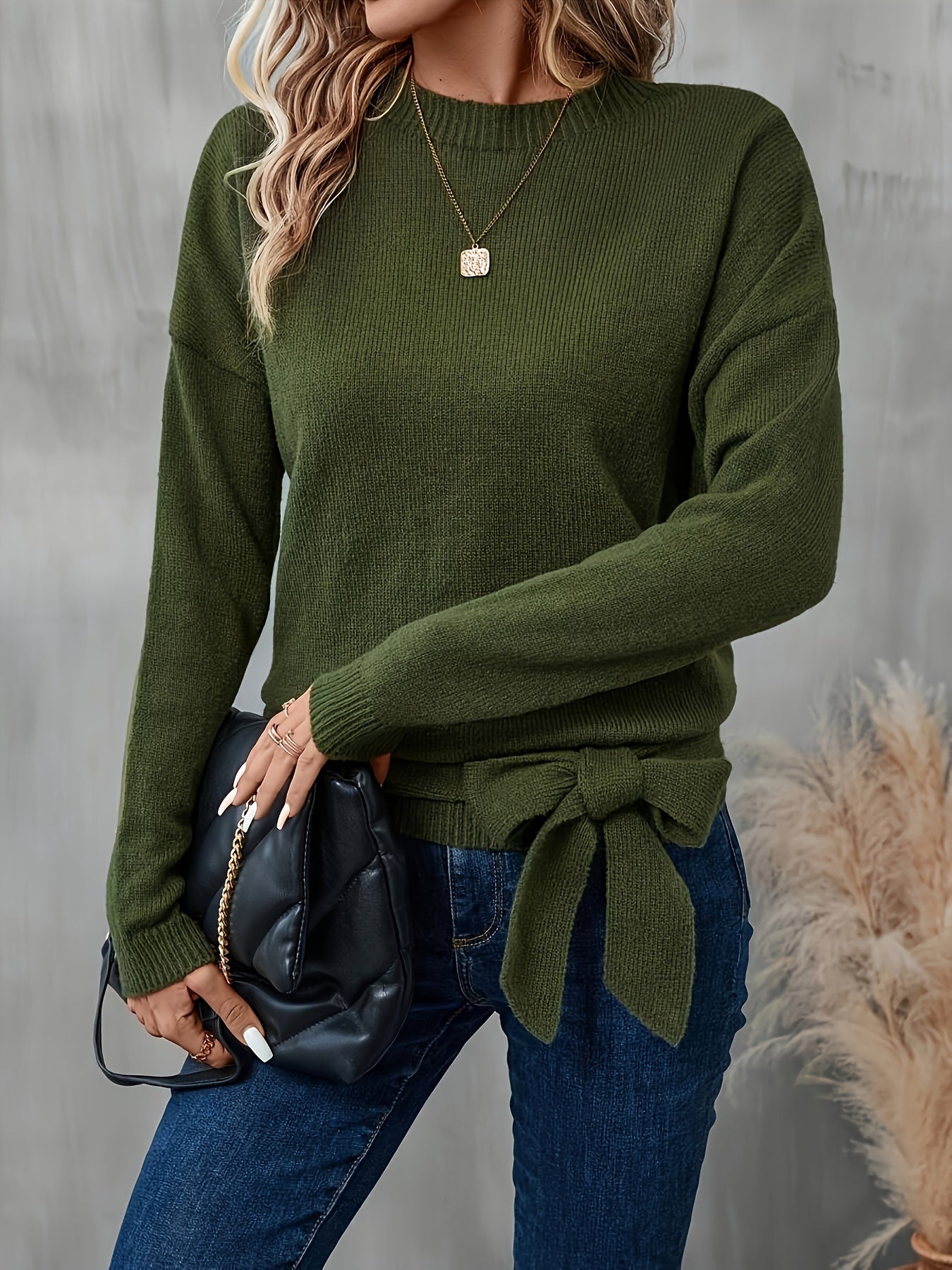 Plus-Size Women's Olive Green Ribbed Sweater Long Sleeve Pullover Casual Formal