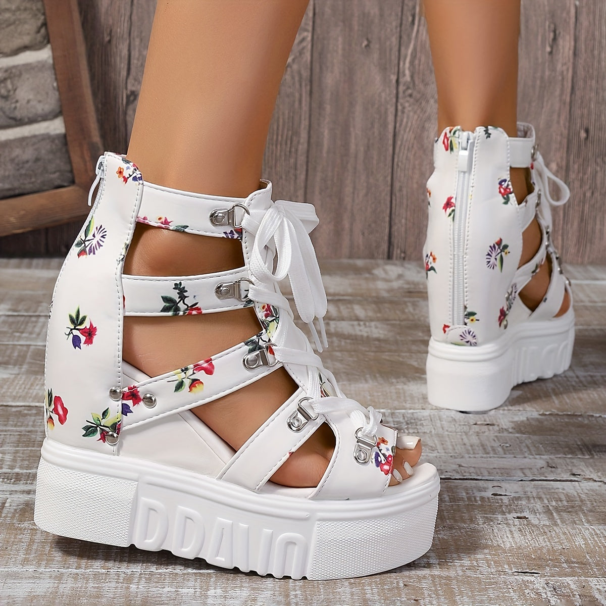Women's Floral Vintage Sandals with Back Zipper and Platform Wedge Shoes for Summer Holidays