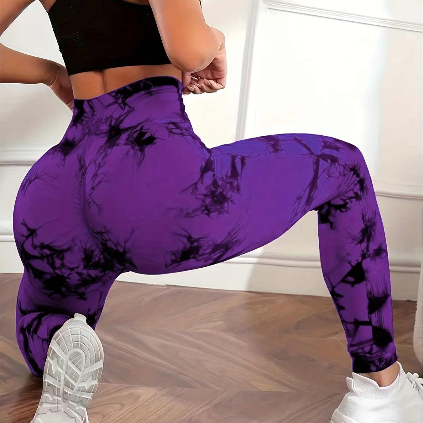 Women's High-Waist Peach Tie-Dye Yoga Leggings Seamless Breathable Nylon Elastane