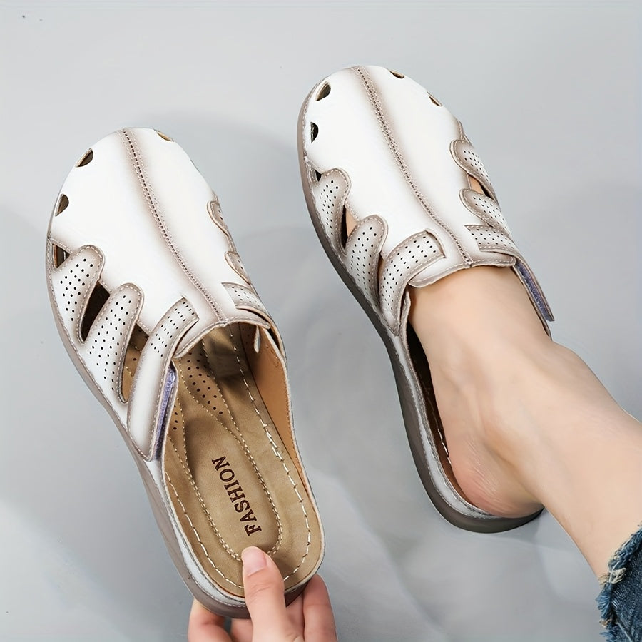 Women's Perforated Leather Slides with Wedge Heel and Anti-Slip Sole
