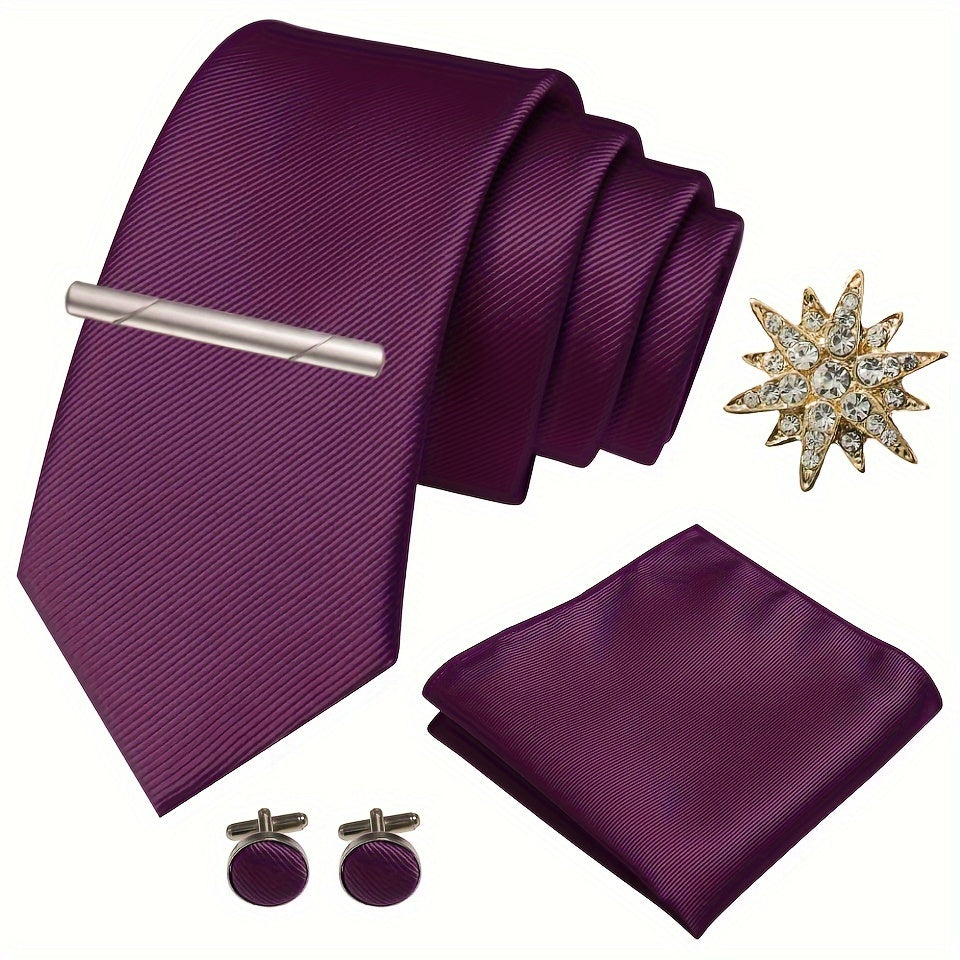 Erkaklar uchun satinning twill galstuk to'plami, galstuk klipi, cho'ntak sharlari, manşet o'rashlar va brosh uchun rasmiy tadbirlar