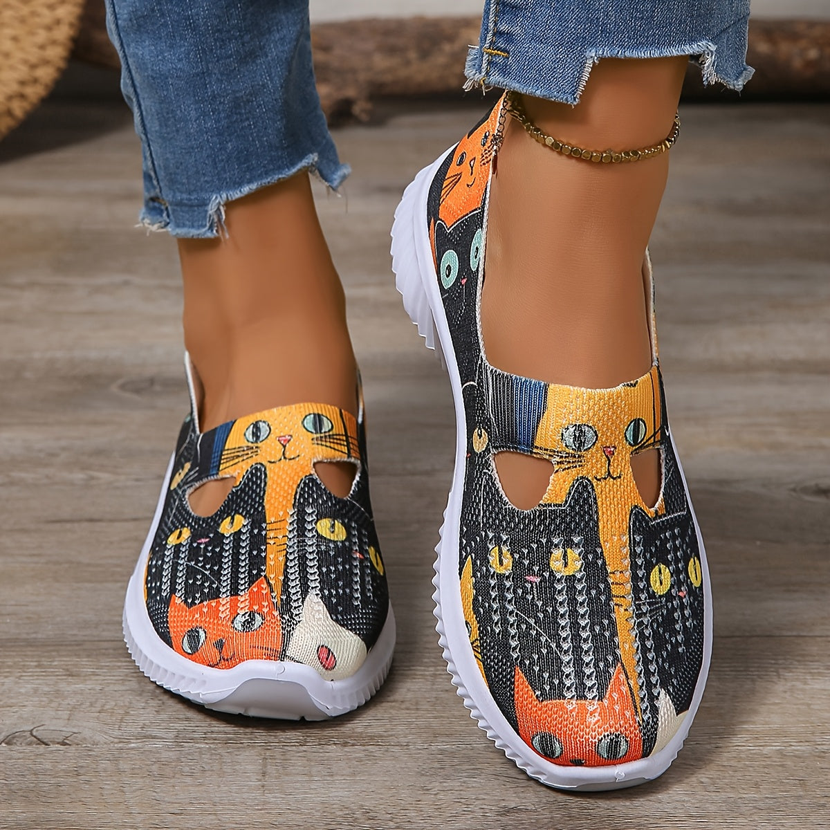 Женские кроссовки с рисунком Cartoon Cat, повседневные легкие летние обувь на slip-on