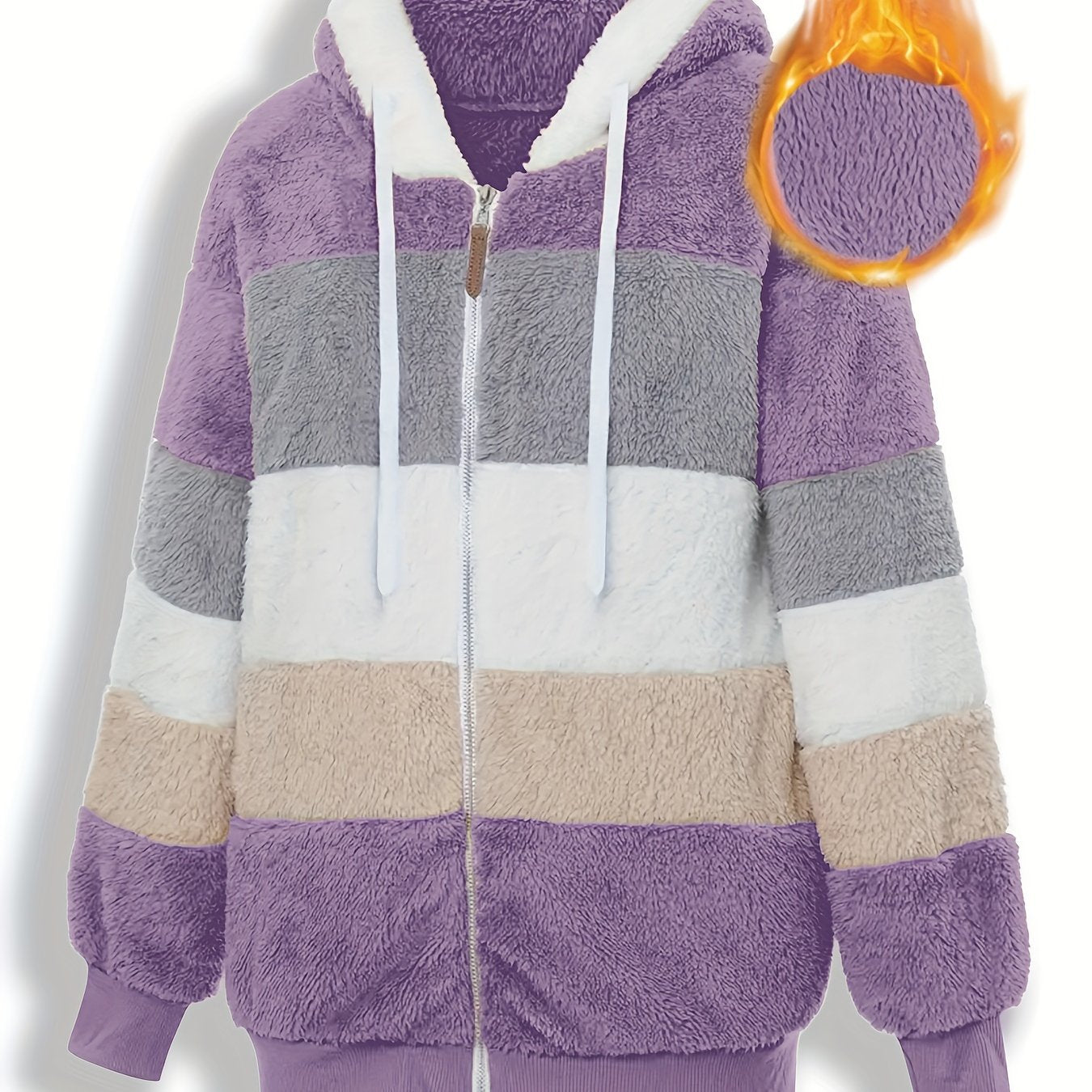 Jilovli cho'tka bilan to'q sariq va kulrang chiziqli ayollar uchun mo'ynali xuddi, cho'ntaklari bilan, iliq va qulay qish uslubi uchun yumshoq polyesterdan tayyorlangan.