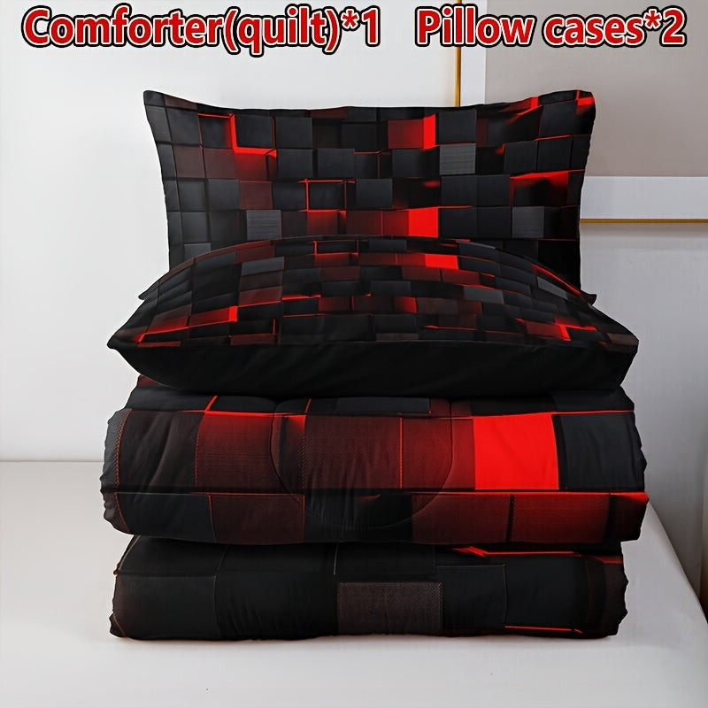 Set of 3 Black and Red Plaid Quilt Bedding with Pillowcases All-Season Soft
