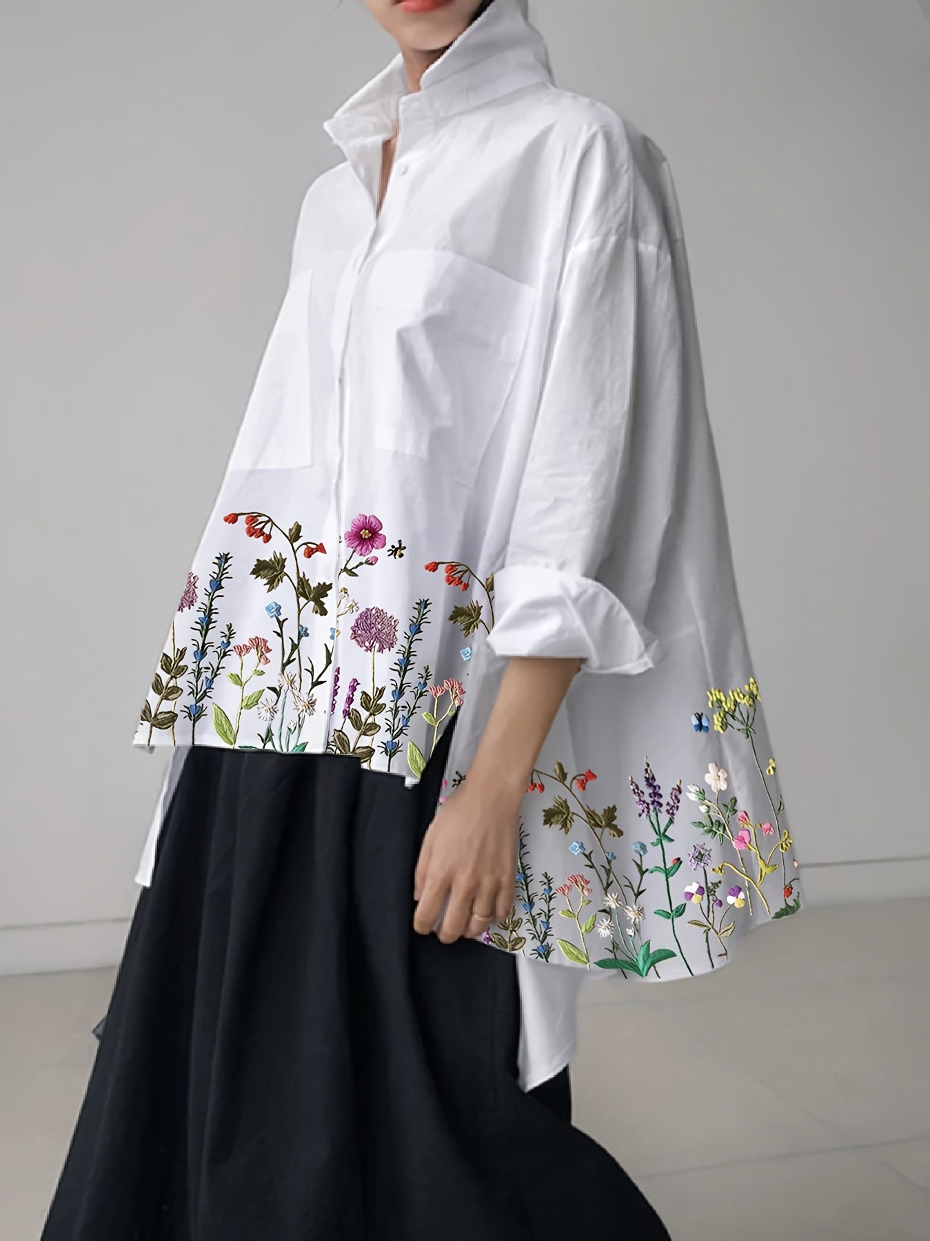 Blusa oversize de estampado floral para mujer, mezcla de poliéster, diseño de parte frontal corta y parte trasera larga