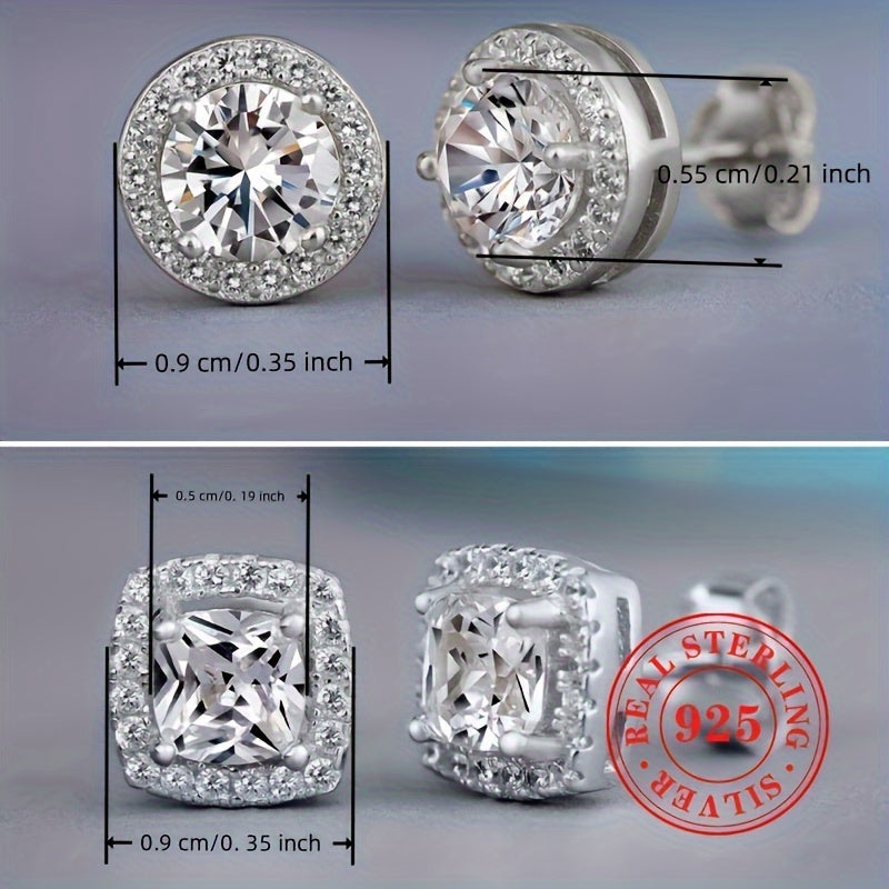 Sterling Silver Stud Earrings for Women Cubic Zirconia Round Square Jewelry