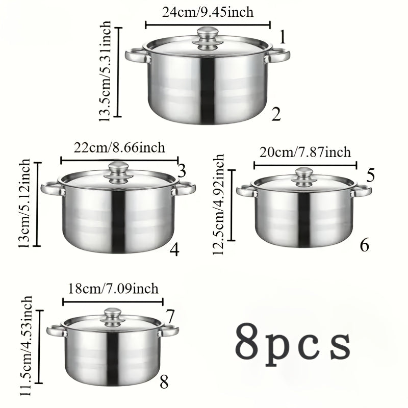 Stainless Steel Cookware Set 8 Pieces Induction Compatible Soup Pot Saucepans