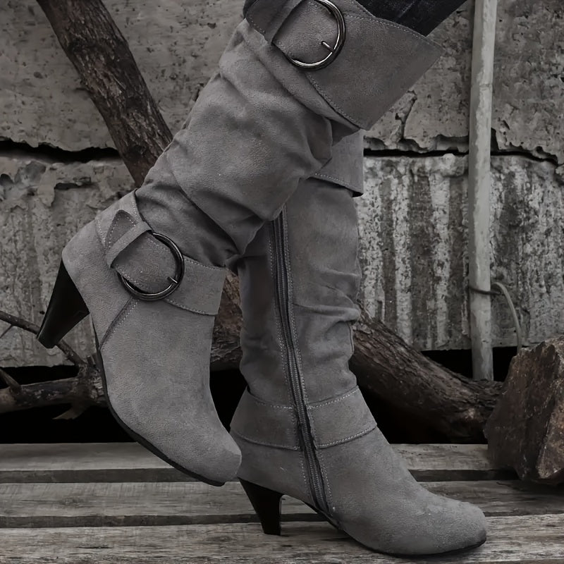 Women's Leather Knee-High Boots with Buckle Strap Side Zipper Chunky Heel