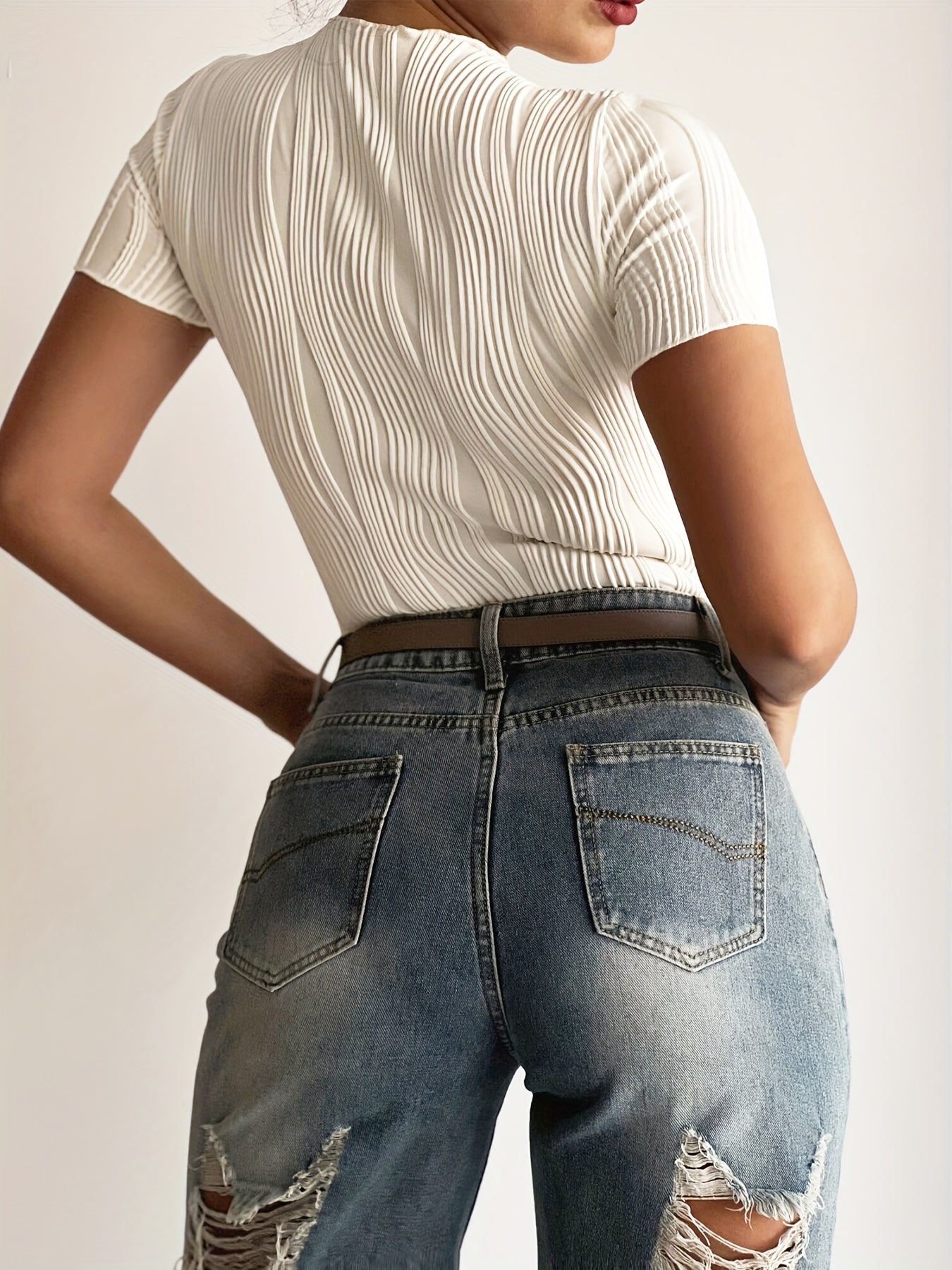 Set of 2 Women's Textured Polyester Blend Crop Tops Crew Neck Semi-Sheer All Seasons