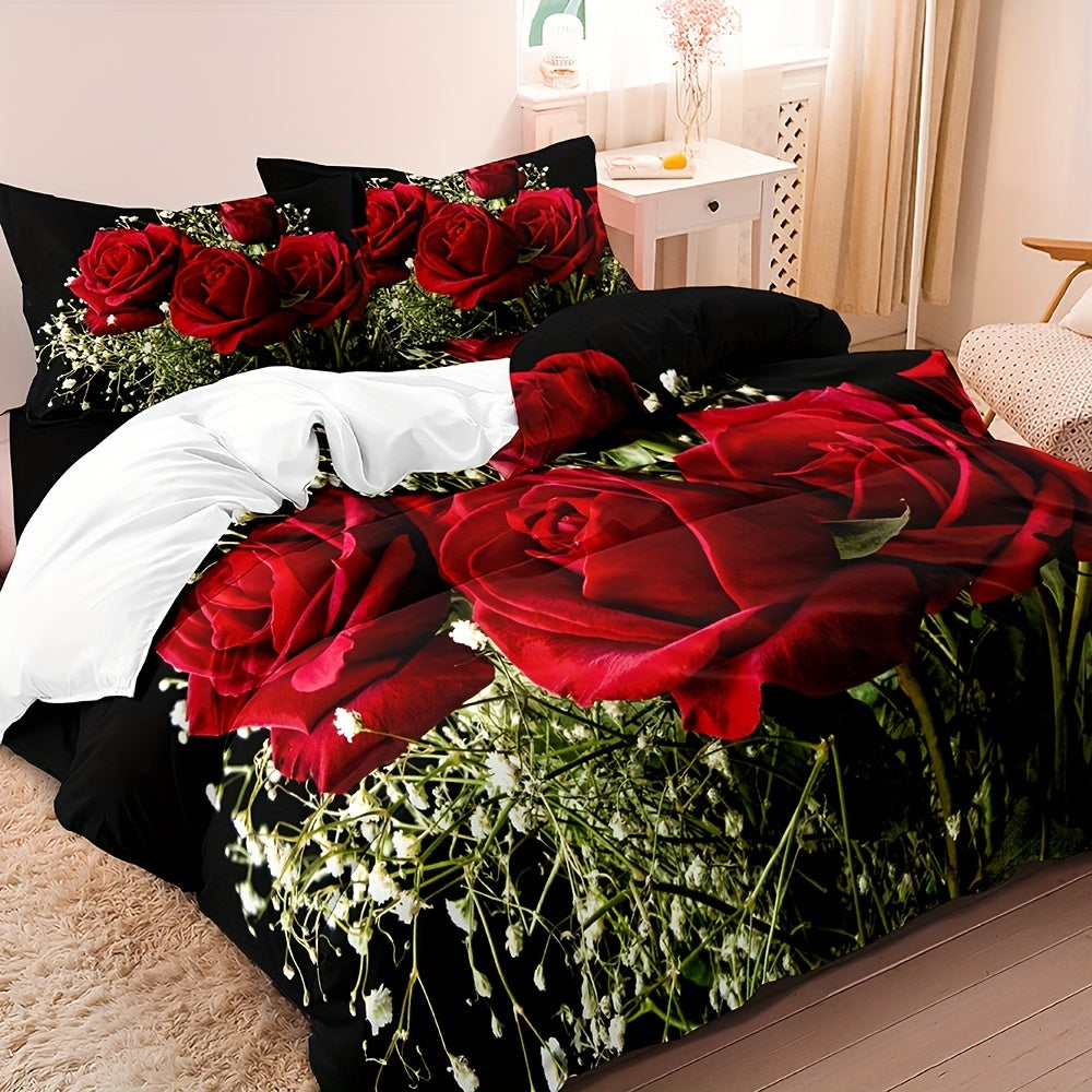 Imitation Rose Print Duvet Cover Set with Pillowcases for Bedroom or Guest Room