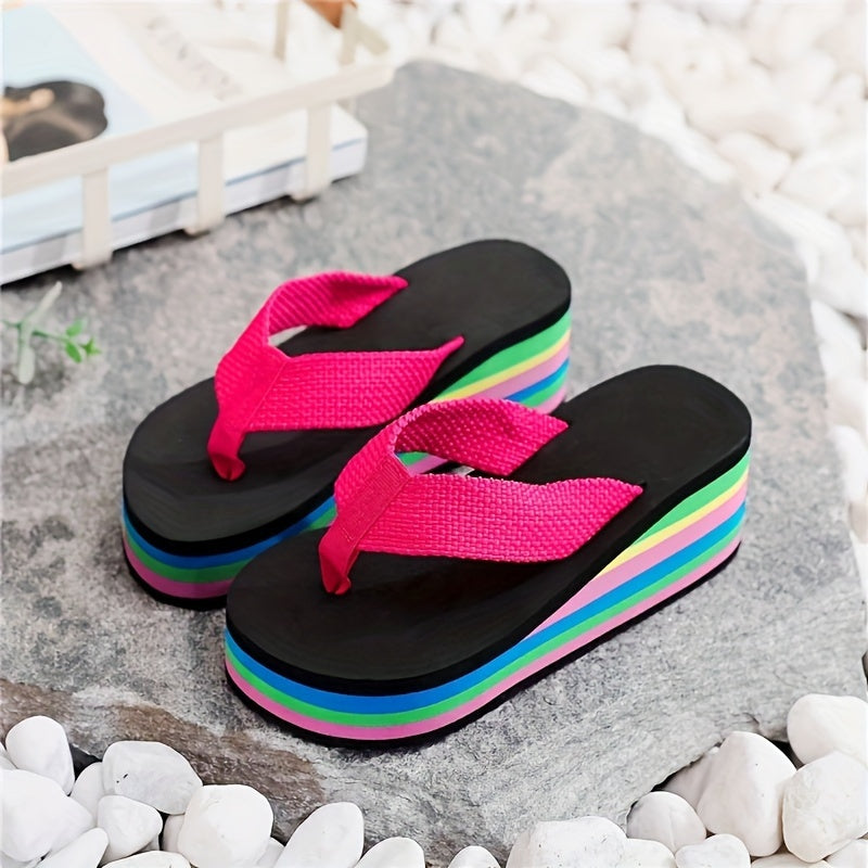 Women's Rainbow Sole Wedge Flip Flops Slip-On Platform Slide Shoes for Summer Beach Wear