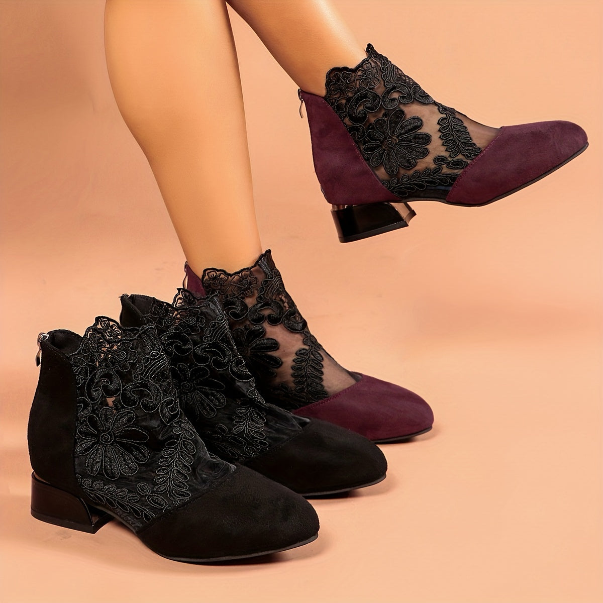 Women's Floral Embroidered Ankle Boots Black Mesh Zipper Mid-Heel