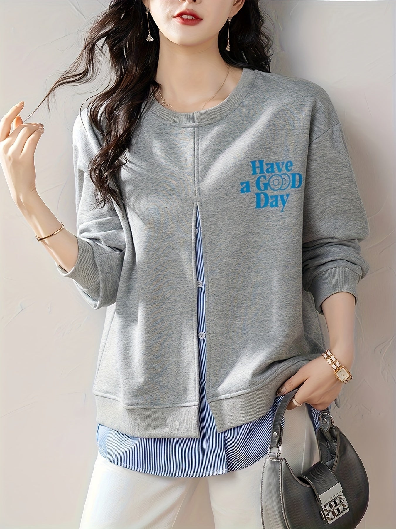 Cardigan de mujer talla grande gris de imitación de dos piezas con manga larga y botones
