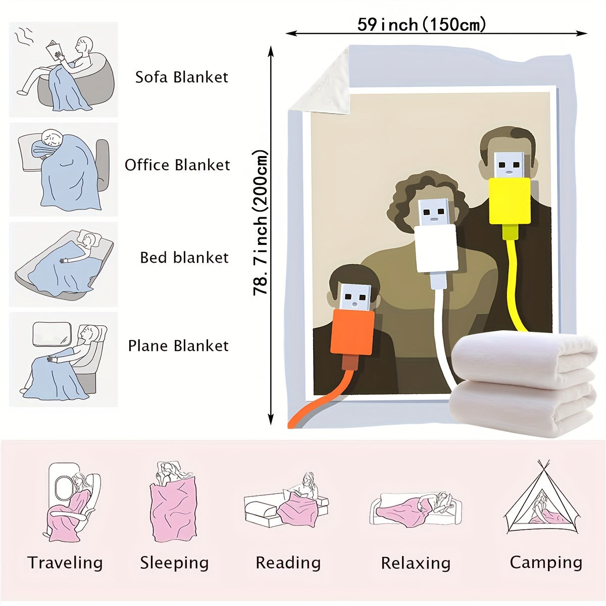 Soft Plush Throw Blanket USB Powered Cozy Warm for Office Living Room Bedroom