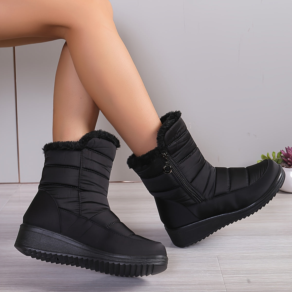 Women's Mid-Calf Winter Boots Plush Faux Fur Side Zipper Quilted Purple