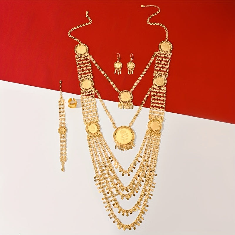 Gold-Plated Copper Jewelry Set for Women Boho-Chic Pendant Necklace and Layered Earrings