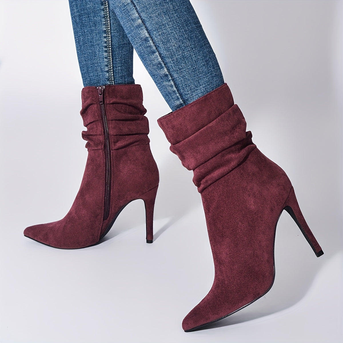 Women's Pink Velvet Pointed Toe Stiletto Ankle Boots with Zipper