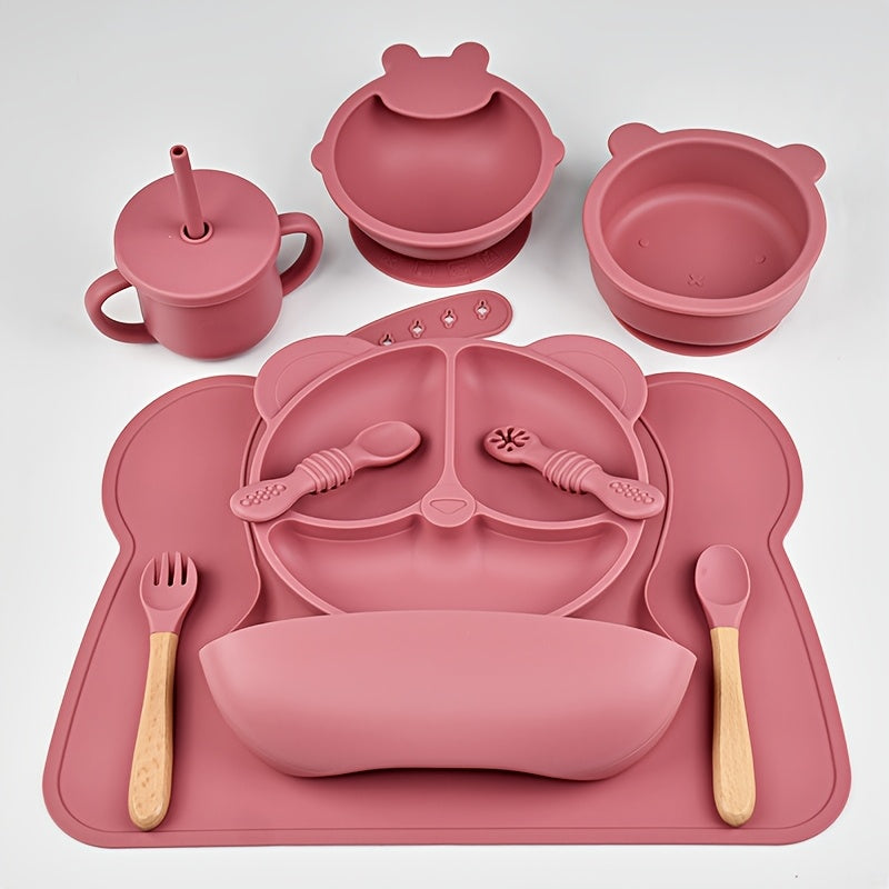 Kids Silicone Dinnerware Set 10 Pieces Bear Theme Plates Bowls Spoons Forks Bibs